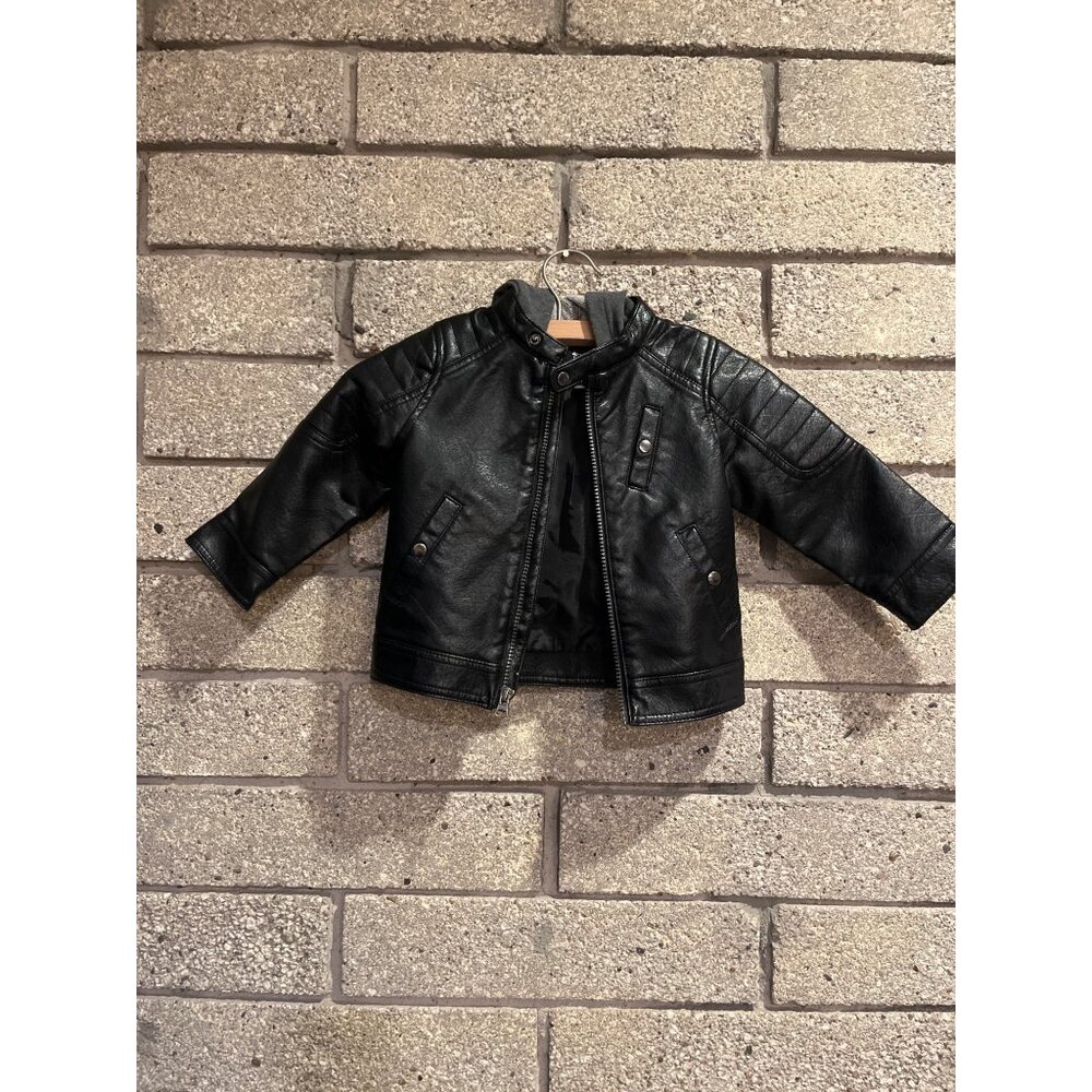 Art Class Toddler Faux Leather Moto Jacket With Gray Hood 2T Black Quilted Desig